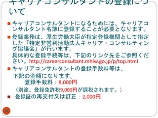 キャリアコンサルタントの登録につ
いて
24
 キャリアコンサルタントになるためには、キャリアコ
ンサルタント名簿に登録することが必要となります。
 登録業務は、厚生労働大臣が指定登録機関として指定
した「特定非営利活動法人キャリア・コンサルティン
グ協議会」が行います。
具体的な登録手続等は、下記のリンク先をご参照くだ
さい。http://careerconsultant.mhlw.go.jp/p/top.html
 キャリアコンサルタントの登録手数料等は、
下記の金額になります。
登録手数料：8,000円
（別途、登録免許税9,000円が課税されます。）
 登録証の再交付又は訂正：2,000円
 