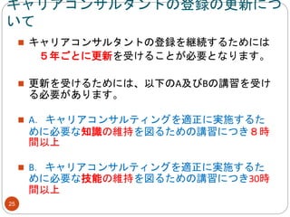 キャリアコンサルタントの登録の更新につ
いて
25
 キャリアコンサルタントの登録を継続するためには
５年ごとに更新を受けることが必要となります。
 更新を受けるためには、以下のA及びBの講習を受け
る必要があります。
 A．キャリアコンサルティングを適正に実施するた
めに必要な知識の維持を図るための講習につき８時
間以上
 B．キャリアコンサルティングを適正に実施するた
めに必要な技能の維持を図るための講習につき30時
間以上
 