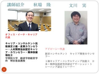 8
講師紹介 秋場 隆
オフィス・イーチ・キャリア
代表
キャリア・コンサルタント技
能検定２級・産業カウンセラ
ー・人材開発協会認定キャリ
ア・カウンセラー・精神保健
福祉士
学習院大学 経済学部経営学
科 特別客員教授
文川 実
アイピーシー代表
経営コンサルタント キャリア開発カウンセ
ラー
１級キャリア・コンサルティング技能士 日
本・精神技術研究所認定アサーション・ト
レーニング認定トレーナー
 