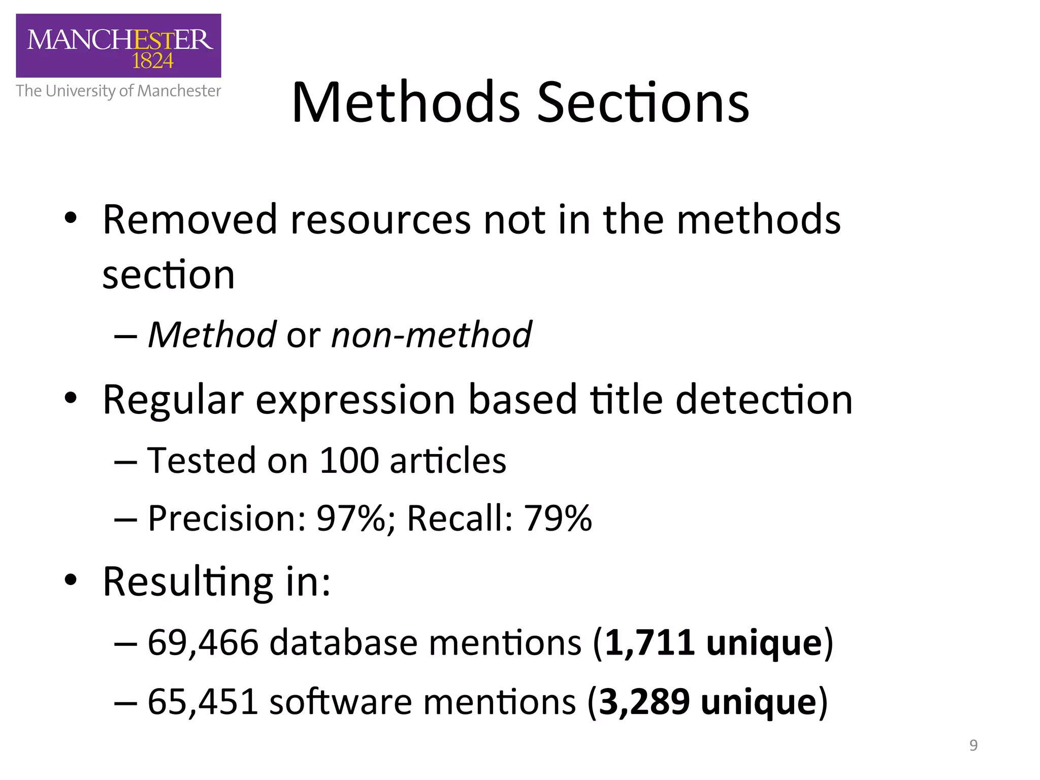 Methods 
Sec'ons 
• Removed 
resources 
not 
in 
the 
methods 
sec'on 
– Method 
or 
non-­‐method 
• Regular 
expression 
based 
'tle 
detec'on 
– Tested 
on 
100 
ar'cles 
– Precision: 
97%; 
Recall: 
79% 
• Resul'ng 
in: 
– 69,466 
database 
men'ons 
(1,711 
unique) 
– 65,451 
so3ware 
men'ons 
(3,289 
unique) 
9 
 