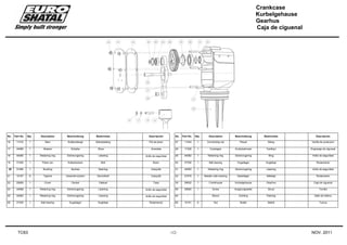 Crankcase
Kurbelgehause
Gearhus
Caja de ciguenal
TC63 -12- NOV. 2011
No. Part No. Qty. Description Beschreibung Beskrivelse Descripción No. Part No. Qty. Description Beschreibung Beskrivelse Descripción
16 11310 1 Ram Kolbenstange Stampestang Pie de pison 27 11334 1 Connecting rod Pleuel Stang Varilla de coneccion
17 44096 1 Washer Scheibe Skive Arandela 28 11328 1 Crankgear Kurbelzahnrad Tandhjul Engranaje de ciguenal
18 44095 1 Retaining ring Sicherungsring Låsering Anillo de seguridad 29 44082 1 Retaining ring Sicherungsring Ring Anillo de seguridad
19 31540 1 Piston pin Kolbenbolzen Bolt Bulon 30 37338 1 Ball bearing Kugellager Kugleleje Rodamiento
20 31490 1 Bushing Buchse Bøsning Casquillo 31 44093 1 Retaining ring Sicherungsring Låsering Anillo de seguridad
21 10157 6 Tapend Gewinde-stutzen Gevindbolt Casquillo 34 37479 1 Needle roller bearing Nadellager Nåleleje Rodamiento
22 20626 1 Cover Deckel Dæksel Tapa 35 20632 1 Crankhouse Kurbelgehause Gearhus Caja de ciguenal
24 44088 1 Retaining ring Sicherungsring Låsering Anillo de seguridad 59 35855 1 Screw Kupplungswelle Skrue Tornillo
25 44083 1 Retaining ring Sicherungsring Låsering Anillo de seguridad 64 - Silicon Dichting Pakning Sello de relleno
26 37335 1 Ball bearing Kugellager Kugleleje Rodamiento 65 10191 6 Nut Mutter Møtrik Tuerca
 
