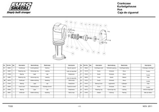 Crankcase
Kurbelgehause
Hus
Caja de ciguenal
TC63 -13- NOV. 2011
No. Part No. Qty. Description Beschreibung Beskrivelse Descripción No. Part No. Qty. Description Beschreibung Beskrivelse Descripción
35 20632 1 Crankhouse Kurbel-gehäuse Gearhus Caja de ciguenal 45 35845 1 Centrifugel clutch Fliehkraft-kupplung Centrifugal-kobling Embriague centrifugal
36 44093 1 Retaining ring Sicherungs-ring Låsering Anillo de seguridad 46 10178 1 Screw Schraube Skrue Tornillo
37 37338 1 Bearing Lager Leje Rodamiento 47 10122 2 Screw Schraube Skrue
Tornillo
39 44082 1 Retaining ring Sicherungs-ring Låsering
Anillo de seguridad
48 20639 1 Cover Deckel Dæksel Tapa
40 44078 1 Shaft seal Wellen-dichtring Akselring Sello de eje 49 10122 2 Screw Schraube Skrue
Tornillo
41 37343 1 Bearing Lager Leje Rodamiento 60 37475 1 Bearing Cover Lagerdeckel Lejekappe Tapa
42 20638 1 Clutch drum Fliehkraft-glocke Koblings-tromme Tambol de clutch 61 10164 3 Screw Schraube Skrue
Tornillo
43 20636 1 Bearing Lager Leje Rodamiento 62 44010 1 Retaining ring Sicherungs-ring Låsering Anillo de seguridad
44 20637 1 Shaft seal Wellen-dichtring Akselring Sello de eje 63 37476 1 Gasket Dichtung Pakning Sello de relleno
 