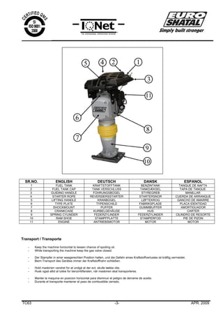 TC63 -3- APR. 2009
Transport / Transporte
- Keep the machine horizontal to lessen chance of spoiling oil.
- While transporting the machine keep the gas valve closed.
- Der Stampfer in einer waagerechten Position halten, und die Gefahr eines Kraftstoffverlustes ist kräftig vermeidet.
- Beim Transport des Gerätes immer der Kraftstoffhahn schließen.
- Hold maskinen vandret for at undgå at der evt. skulle lække olie.
- Husk også altid at lukke for benzintilførslen, når maskinen skal transporteres.
- Manter la maquina en posicion horizontal para disminuir el peligro de derrame de aceite.
- Durante el transporte mantener el paso de combustible cerrado.
SR.NO. ENGLISH DEUTSCH DANSK ESPANOL
1 FUEL TANK KRAFTSTOFFTANK BENZINTANK TANQUE DE NAFTA
2 FUEL TANK CAP TANK VERSCHLUSS TANKDÆKSEL TAPA DE TANQUE
3 GUIDING HANDLE FÜHRUNGSBÜGEL STYREGREB MANILLAR
4 STARTER ROPE REVERSIERSSTARTER STARTERSNOR CUERDA DE ARRANQUE
5 LIFTING HANDLE KRANBÜGEL LØFTEKROG GANCHO DE AMARRE
6 TYPE PLATE TYPENSCHILD FABRIKSPLADE PLACA IDENTIDAD
7 SHOCKMOUNT PUFFER GUMMIBUFFER AMORTIGUADOR
8 CRANKCASE KURBELGEHÄUSE HUS CARTER
9 SPRING CYLINDER FEDERZYLINDER FEDERZYLINDER CILINDRO DE RESORTE
10 RAM SHOE STAMPFPLATTE STAMPERFOD PIE DE PIZON
11 ENGINE ANTRIEBSMOTOR MOTOR MOTOR
 