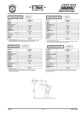 TC63 - 4 - APR. 2009
MODELS
Cat. No.
TC63
HONDA GASOLINE
N11601
WEIGHT
Net Weight kg.
g.
62
OPERATION DATA
Ramming shoe 32 * 19/23/28
Strokes per minute 450-650
Stroke height 70mm
Impact force 100 kN
Depth action 65 cm
DRIVE MOTOR
Model Honda GXR120
Recoil start
Output kW 2.7
Engine speed rpm 3600
Fuel tank - litres 1.4
Engine oil - litres
SAE 15W/40
NOISE
Noise level 94.6 dB Lp
104.6 dB Lw
Also see engine manual.
(*) The above noise level and vibration values were determined at normal speed of the engine. Se i øvrigt motorproducentens manual
During operation these values may differ because of the actual operational conditions. (*) De ovennævnte støjniveau- og vibrationsværdier er bestemt ud fra normale omdrejninger på motoren.
Disse værdier kan variere under kørslen pga. de aktuelle arbejdsforhold.
MODELL
Kat. Nr.
TC63
HONDA BENZIN
N11601
GEWICHT
Nettogewicht kg.
.
62
BEDIENUNGSDATA
Stampfeinsatz 32 * 19/23/28
Schlagen 450-650
Schlaghohe 70mm
Schlagkraft 100 kN
Tiefewirkung 65 cm
MOTOR
Modell Honda GXR120
Rückstoss start
Leistung kW 2.7
Motorumdrehungen - u/m 3600
Brennstofftank - liter 1.4
Motoröl - liter
SAE 15W/40
GERÄUSCH
Schallpegel 94.6dB Lp
104.6 dB Lw
Sie auch Motor Handbuch.
(*) Die erwähnten Geräusch- und Vibrationswerten sind bei normaler Lautstärke bestimmt. (*) Los niveles de emision sonora y vibracion han sido establecidos con el motor girando al numero de
Während die Operation dieser Werten können verschieden sein auf Grund der aktuellen, revoluciones normal. Durante el uso esto valores pueden ser diferentes de acuerdo a las condiciones
operationellen Arbeitzustandes. en las que opere la maquina.
MODEL
Kat. Nr.
TC63
HONDA BENZIN
N11601
VÆGT
Nettovægt kg. 62
BETJENINGSDATA
Stampeevne 32 * 19/23/28
Slag per minut 450-650
Slaghøjde 70mm
Slagkraft 100 kN
Slagdybde 65 cm
HOVEDMOTOR
Model Honda GXR120
Rekylstart
Ydelse - kW 2.7
Motoromdrejningshastighed – o/m 3600
Brændstoftank - liter 1.4
Motorolie - liter
SAE 15W/40
STØJ
Støjniveau 94.6 dB Lp
104.6 dB Lw
MODELOS
Nr. Catalogo.
TC63
HONDA GASOLINA
N11601
PESO
Peso Neto kg. 62
DATOS DE OPERACION
Pie de pizon 32 * 19/23/28
Salto por min. 450-650
Altura de salto 70mm
Fuerza de impacto 100 kN
Profundidad de compactacion 65 cm
MOTOR
Modelo Honda GXR120
Arranque manual
Potencia - kW 2.7
Nr. de revoluciones del motor - rpm 3600
Tanque de Combustible - litros 1.4
Aceite de motor - litros
SAE 15W/40
EMISION SONORA
Nivel sonoro 94.6dB Lp
104.6 dB Lw
TECHNICAL SPECIFICATIONS TEKNISKE SPECIFIKATIONERENGLISH DANSK
TECHNISCHE DATEN DEUTSCH
ESPECIFICACIONES TECNICAS ESPAÑOL
 