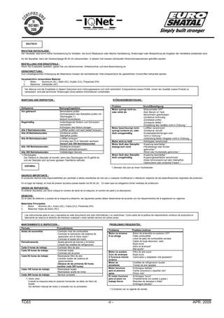 TC63 -8 - APR. 2009
WICHTIGE RATSCHLÄGE :
Der Hersteller übernimmt keine Verantwortung für Schäden, die durch Missbrauch oder falsche Handbebung, Änderungen oder Missachtung die Angaben der Herstellers entstanden sind.
An der Baustelle, kann der Geräuschpegel 85 db (A) überschreiten. In diesem Fall müssen individuelle Hörschutzmassnahmen getroffen werden.
BESTELLUNG VON ERSATZTEILE :
Wenn Sie Ersatzteile bestellen, geben Sie uns Seriennummer, Artikelnummer und eine Beschreibung an.
VERSCHROTTUNG :
Zum umweltgerechten Entsorgung der Maschiene müssen die nachstehende Teile entsprechend der gesetzlichen Vorschriften behandelt werden.
Hauptsächlich verwendetes Material:
1. Motor : Aluminium (AL), Stahl (AC), Kupfer (CU), Polyamide (PA)
2. Maschine : Stahlplatte (AC)
WARTUNG UND INSPEKTION : STÖRUNGSBESEITIGUNG :
Zeitspanne Wartung/Inspektion
Vor gebrauch -Benzinstand prüfen
-Schmiersystem des Stampfers prüfen mit
Ölschauglas (*)
-Motoröl kontrollieren
Regelmäßig -Außenliegende Muttern und Schrauben
nachziehen
-Kühlrippen des Motors reinigen
Alle 5 Betriebsstunden -Luftfilter prüfen und nach bedarf erneuern
Alle 25 Betriebsstunden -Zündkerze prüfen
-Stampffuß prüfen
Alle 50 Betriebsstunden -Luftfilter erneuern
-Einmalig das Öl im Stampfer wechseln
Danach alle 300 Betriebsstunden
Alle 100 Betriebsstunden -Zündkerze erneuern
-Motoröl wechseln/erneuern
Alle 300 Betriebsstunden -Vollständigen Service
*) Ölschauglas:
Der Ölstand im Stampfer ist korrekt, wenn das Ölschauglas mit Öl gefüllt ist,
und der Stampfer sich auf einer geraden Oberfläche befindet.
*) Wenden Sie sich an Ihren Fachhändler
ANUNCIO IMPORTANTE :
El productor declina toda responsabilidad por perdidas o daños resultantes de mal uso o cualquier modificacion o alteracion respecto de las especificaciones originales del productor.
En el lugar de trabajo, el nivel de presion acustica puede exeder los 85 db (A). En este caso es obligatorio tomar medidas de proteccion.
ORDEN DE REPUESTOS :
Al ordenar repuestos, por favor indique el numero de serie de la maquina, el numero de parte y la descripcion.
DESECHO :
En el caso de deterioro y puesta de la maquina a desecho, las siguientes partes deben desecharse de acuerdo con los requerimientos de la legislacion en vigencia.
Materiales Principales:
1. Motor: Aluminio (AL), Acero (AC), Cobre (CU), Poliamida (PA)
2. Maquina: Hojas de Acero (AC)
MANTENIMIENTO E INSPECCION : PROBLEMAS FREQUENTES :
*) Vidrio visor:
Cuando la maquina esta en posicion horizontal, se debe ver lleno de
Aceite.
Ver tambien manual de motor o consulte con su proveedor.
*) Contactar con su agente de ventas.
Problem Grund/Beseitigung
Motor springt nicht an,
oder stirbt ab.
-Motorschalter OFF
-Kein Benzin im Tank
-Benzinhahn geschlossen
-Zündkerze schmutzig
-Zündkabel prüfen
-Zündspule defekt *
-Einstellung des Gerätes nicht in Ordnung *
Motor beschleunigt nicht,
springt schlecht an, oder
läuft unregelmäßig
-Luftfilter verschmutzt
-Zündkerze verrußt
-Kurbelwellendichtungen sind
nicht in Ordnung *
-Verbindung Motor-Vergaser nicht in Ordnung
Motor wird zu heiß. -Kühlrippen verschmutzt
Motor läuft aber Stampfer
bewegt sich nicht
-Kupplung beschädigt *
-Pleuelstange oder Kurbel
gebrochen *
-Ritzel oder Kurbelwelle gebrochen *
Motor läuft aber Stampfer
läuft unregelmäßig
-Kupplung beschädigt *
-Kupplungsoberfläche verschmutzt
-Dicke Schmutzsicht auf dem Stampffuß
-Gebrochene oder schlechte Federn *
Periodo Procedimiento
Antes de encendido -Controlar nivel de combustible
-Controlar la lubricacion del sistema de
apisonado con el vidrio vision *
-Controlar el aceite del motor
Periodicamente -Ajuste general de tuercas y tornpllos
-Limpiar las costillas de refrigeracion
Cada 5 horas de trabajo -Controlar filtro de aire
Cada 25 horas de trabajo -Controlar bujias
-Controlar pie de pizon
Cada 50 horas de trabajo -Reemplazar filtro de aire
-Cambiar aceite del sistema de
apisonamiento
(Despue de las primeras 50 horas
cambiar cada 300 horas)
Cada 100 horas de trabajo -Reemplazar bujias
-Reemplazar aceite de motor
Cada 300 horas de trabajo -Service completo
Problema Posibles motivos
Motor no arranca
O se ahoga
-Boton de enlendido en posicion OFF
-Falta combustible
-Llave de paso de combustible cerrada
-Cable de bujia desconec- tado
-Bujia sucia
-Dano al arranque*
-Mal ajuste*
Motor no acelera
Duro de arranque
O funciona miento
erranco
-Filtro de aire sucio
-Bujia sucia
-Carburador y adaptador mal ajustados*
Motor se
aecalienta
-Costillas de refrigeracion sucias
-Tomas de aire tapadas
Motor funciona
aero el pizonno
apiza
-Embriague dañado *
-Varilla conectora o cigueñal roto*
-Pinion roto*
El motor funciona
pero el pizon no
trabaja limcio
-Embriague "sucio"
(Posiblemente con aceite o grasa )
-Resortes de danados o fotes*
-Embrague danado*
DEUTSCH
Der Manual und die Ersatzteile in diesem Dokument sind richtungsweisend und nicht verbindlich. Entsprechend unsere Politik, immer der Qualität unsere Produkt zu
verbessern, sind alle technicher Änderungen ohne weitere Informationen vorbehalten.
ESPAÑOL
Las instrucciones para el uso y repuestos en este documento son solo informativas y no restrictivas. Como parte de la politica de mejoramiento continuo de productos el
fabricante se reserva el derecho de intorducir cualquier y todo cambio tecnico sin previo aviso.
 
