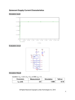 All Rights Reserved Copyright (c) Bee Technologies Inc. 2010
6
0
Vcc
VCCVCC
ICC
0
Ctrl
U1
TC7USB221FT
VCC
S
D+
D-
OEB
GND
2D-
2D+
1D-
1D+
VCC
0
V_Vcc
0V 0.4V 0.8V 1.2V 1.6V 2.0V 2.4V 2.8V 3.2V 3.6V
I(ICC)
0A
0.5uA
1.0uA
1.5uA
2.0uA
2.5uA
Quiescent Supply Current Characteristics
Simulation result
Evaluation circuit
Simulation Result
Condition: VCC = 3.6 V, VIN = VCC or GND, IOUT = 0
Parameters Measurement Simulation %Error
ICC (uA) 2.0 1.998 -0.10
 