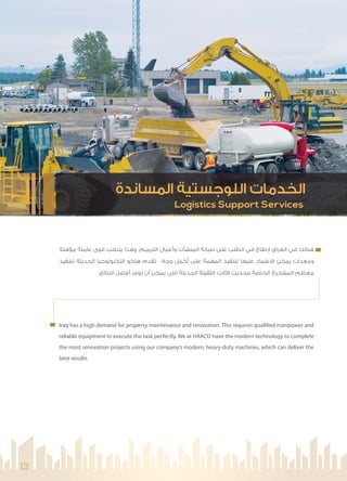 13
Logistics Support Services
‫اﻟﻤﺴﺎﻧﺪة‬ ‫اﻟﻠﻮﺟﺴﺘﻴﺔ‬ ‫اﻟﺨﺪﻣﺎت‬
‫ﻣﺆﻫﻠﺔ‬ ‫ﻋﺎﻣﻠﺔ‬ ‫ﻗﻮى‬ ‫ﻳﺘﻄﻠﺐ‬ ‫وﻫﺬا‬ ،‫اﻟﺘﺮﻣﻴﻢ‬ ‫وأﻋﻤﺎل‬ ‫اﻟﻤﻨﺸﺂت‬ ‫ﺻﻴﺎﻧﺔ‬ ‫ﻋﻠﻰ‬ ‫اﻟﻄﻠﺐ‬ ‫ﻓﻲ‬ ‫ارﺗﻔﺎع‬ ‫اﻟﻌﺮاق‬ ‫ﻓﻲ‬ ‫ﻫﻨﺎﻟﻚ‬
‫ﻟﺘﻨﻔﻴﺬ‬ ‫اﻟﺤﺪﻳﺜﺔ‬ ‫اﻟﺘﻜﻨﻮﻟﻮﺟﻴﺎ‬ ‫ﻫﺎﻛﻮ‬ ‫ﺗﻘﺪم‬ .‫وﺟﻪ‬ ‫أﻛﻤﻞ‬ ‫ﻋﻠﻰ‬ ‫اﻟﻤﻬﻤﺔ‬ ‫ﻟﺘﻨﻔﻴﺬ‬ ‫ﻋﻠﻴﻬﺎ‬ ‫اﻻﻋﺘﻤﺎد‬ ‫ﻳﻤﻜﻦ‬ ‫وﻣﻌﺪات‬
.‫اﻟﻨﺘﺎﺋﺞ‬ ‫أﻓﻀﻞ‬ ‫ﺗﻮﻓﺮ‬ ‫أن‬ ‫ﻳﻤﻜﻦ‬ ‫اﻟﺘﻲ‬ ‫اﻟﺤﺪﻳﺜﺔ‬ ‫اﻟﺜﻘﻴﻠﺔ‬ ‫ﻻت‬ ‫ا‬ ‫ﺑﺘﺤﺪﻳﺚ‬ ‫اﻟﺨﺎﺻﺔ‬ ‫اﻟﻤﺸﺎرﻳﻊ‬ ‫ﻣﻌﻈﻢ‬
Iraq has a high demand for property maintenance and renovation. This requires qualified manpower and
reliable equipment to execute the task perfectly. We at HAACO have the modern technology to complete
the most renovation projects using our company’s modern, heavy-duty machines, which can deliver the
best results.
 