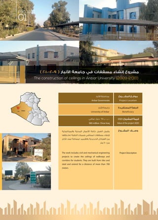 Anbar
‫اﻟﻤﺸــــﺮوع‬ ‫ﻣﻮﻗــﻊ‬
Project Location
‫اﻟﻤﺴﺘﻔﻴـﺪة‬ ‫اﻟﺠﻬﺔ‬
Beneficiary
(IQD) ‫اﻟﻤﺸﺮوع‬ ‫ﻗﻴﻤﺔ‬
Value of the project (IQD)
‫اﻟﻤﺸــﺮوع‬ ‫وﺻــــﻒ‬
Project Description
‫ﻧﺒﺎر‬ ‫ا‬ ‫ﻣﺤﺎﻓﻈﺔ‬
Anbar Governorate
‫ﻧﺒﺎر‬ ‫ا‬ ‫ﺟﺎﻣﻌﺔ‬
University of Anbar
‫ﻋﺮاﻗﻲ‬ ‫دﻳﻨﺎر‬ 980,000,000
980 million Dinar Iraq
‫واﻟﻤﻴﻜﺎﻧﻴﻜﻴﺔ‬ ‫اﻟﻤﺪﻧﻴﺔ‬ ‫ﻋﻤﺎل‬ ‫ا‬ ‫ﻛﺎﻓﺔ‬ ‫اﻟﻌﻤﻞ‬ ‫ﻳﺸﻤﻞ‬
‫ﺑﻨﺎؤﻫﺎ‬ ‫ﺗﻢ‬ ‫اﻟﻄﻠﺒﺔ‬ ‫وﻣﻤﺮات‬ ‫ﻟﻤﻤﺎﺷﻲ‬ ‫ﻣﺴﻘﻔﺎت‬ ‫ﻧﺸﺎء‬
‫ﻛﺜﺮ‬ ‫ﺗﻤﺘﺪ‬ ‫ﻟﻤﺴﺎﻓﺔ‬ ‫واﻟﻘﺮﻣﻴﺪ‬ ‫اﻟﺤﺪﻳﺪﻳﺔ‬ ‫اﻟﻬﻴﺎﻛﻞ‬ ‫ﻣﻦ‬
‫ﻣﺘﺮ‬ 700 ‫ﻣﻦ‬
The work includes civil and mechanical engineering
projects to create the ceilings of walkways and
corridors for students. They are built from tiles and
steel and extend for a distance of more than 700
meters
PROJECT
01
The construction of ceilings in Anbar University (2009-2010)
( ٢٠١٠-٢٠٠٩ ) ‫ﻧﺒﺎر‬ ‫ا‬ ‫ﺟﺎﻣﻌﺔ‬ ‫ﻓﻲ‬ ‫ﻣﺴﻘﻔﺎت‬ ‫إﻧﺸﺎء‬ ‫ﻣﺸﺮوع‬
16
 