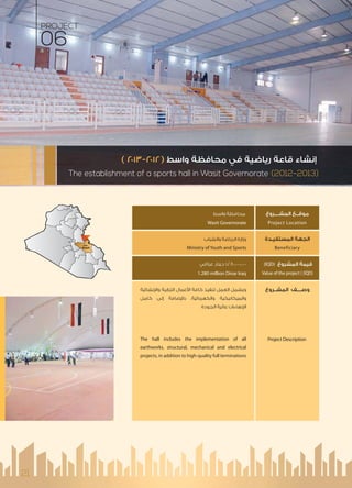 ‫اﻟﻤﺸــــﺮوع‬ ‫ﻣﻮﻗــﻊ‬
Project Location
‫اﻟﻤﺴﺘﻔﻴـﺪة‬ ‫اﻟﺠﻬﺔ‬
Beneficiary
(IQD) ‫اﻟﻤﺸﺮوع‬ ‫ﻗﻴﻤﺔ‬
Value of the project ( (IQD)
‫اﻟﻤﺸــﺮوع‬ ‫وﺻــــﻒ‬
Project Description
‫واﺳﻂ‬ ‫ﻣﺤﺎﻓﻈﺔ‬
Wasit Governorate
‫واﻟﺸﺒﺎب‬ ‫اﻟﺮﻳﺎﺿﺔ‬ ‫وزارة‬
Ministry of Youth and Sports
‫ﻋﺮاﻗﻲ‬ ‫دﻳﻨﺎر‬ ١٫٢٨٠٫٠٠٠٫٠٠٠
1.280 million Dinar Iraq
‫ﻧﺸﺎﺋﻴﺔ‬ ‫وا‬ ‫اﻟﺘﺮاﺑﻴﺔ‬ ‫ﻋﻤﺎل‬ ‫ا‬ ‫ﻛﺎﻓﺔ‬ ‫ﺗﻨﻔﻴﺬ‬ ‫اﻟﻌﻤﻞ‬ ‫وﻳﺸﻤﻞ‬
‫ﻛﺎﻣﻞ‬ ‫إﻟﻰ‬ ‫ﺿﺎﻓﺔ‬ ‫ﺑﺎ‬ .‫واﻟﻜﻬﺮﺑﺎﺋﻴﺔ‬ ‫واﻟﻤﻴﻜﺎﻧﻴﻜﻴﺔ‬
‫اﻟﺠﻮدة‬ ‫ﻋﺎﻟﻴﺔ‬ ‫ﻧﻬﺎءات‬ ‫ا‬
The hall includes the implementation of all
earthworks, structural, mechanical and electrical
projects, in addition to high-quality full terminations
PROJECT
06
The establishment of a sports hall in Wasit Governorate (2012-2013)
( ٢٠١٣-٢٠١٢) ‫واﺳﻂ‬ ‫ﻣﺤﺎﻓﻈﺔ‬ ‫ﻓﻲ‬ ‫رﻳﺎﺿﻴﺔ‬ ‫ﻗﺎﻋﺔ‬ ‫إﻧﺸﺎء‬
Wasit
21
 