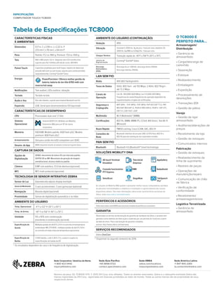 Tabela de Especificações TC8000
CARACTERÍSTICAS FÍSICAS
E AMBIENTAIS
Dimensões 9,17 in. C x 2,99 in. L x 2,52 in. P
233 mm C x 76 mm L x 64 mm P
Peso Padrão: 17,2 oz./490 g; Premium: 17,6 oz./500 g
Tela 800 x 480 pixels; 4,0 in. diagonal; tela LCD transflectiva;
suporte para 16,7 milhões (24-bit) de cores; 400 NITs
Painel Touch Capacitiva projetada para multi-toque; registro de dados por
pressão tátil (com ou sem luvas); suporte para caneta (vendida
separadamente); Corning® Gorilla® Glass
Energia
POWER PRECISION, POWER PRECISION +
PowerPrecision+ Oferece melhor gestão da
bateria; bateria de íon-lítio 6700 mAh com
reserva hot swap
Notificações Tom audível, LEDs multicor, vibração
Teclado Teclado na tela
Áudio e Voz Dois alto-falantes, suporte para headset Bluetooth sem fio
Expansão USB, Serial para desenvolvedores ISV (opcional)
CARACTERÍSTICAS DE DESEMPENHO
CPU Processador dual core 1,7 GHz
Sistema
Operacional
Android AOSP 4.4.3 (KitKat) com Mobility
Extensions (Mx) para um SP de classe
corporativa
Memória 1GB RAM; Modelo padrão: 4GB Flash pSLC Modelo
premium: 8GB Flash pSLC
Armazenamento Slot para cartão microSD compatível com SDXC
Desenv. de App EMDK disponível através do website Central de Suporte Zebra
CAPTURA DE DADOS
Opções de
Digitalização
SE965: mecanismo de leitura 1D com intervalo padrão;
SE4750 SR ou MR: Mecanismo de geração de imagem
omnidirecional, alcance médio ou padrão
Câmera 8 MP com autofoco, f/2,4 de abertura (opcional)
NFC NFC multi-protocolo (opcional)
TECNOLOGIA DE SENSOR INTERATIVO ZEBRA
Sensor de Luz Automatically adjusts display backlight
SensordeMovimento 3-axis accelerometer; 3-axis gyroscope (optional)
Navegação Bússola digital (opcional)
Proximidade Sensor de digitalização automática s/ as mãos
AMBIENTE DO USUÁRIO
Temp. Operacional -4° F a 122° F/-20° C a 50° C
Temp. de Armaz. -40° F to 158° F/-40° C a 70° C
Umidade 5% a 95% sem condensação
(resistente à condensação opcional)
Especificação de
Queda
Múltiplas quedas de até 8 ft./2,4 m no concreto em temperatura
ambientepor MIL-STD 810G ; múltiplas quedas de até 6 ft./1,8 m
no concreto em toda a faixa de temperatura operacional
Especificação de
Batida
2.000 batidas, a até 3,28 ft./1 m; cumpre e supera as
especificações de batida da IEC
AMBIENTE DO USUÁRIO (CONTINUAÇÃO)
Vedação IP65
Vibração Senoidal 5-2000 Hz, 4g de pico, 1 hora por eixo; aleatório 20-
2000 Hz, 6g RMS ou 0,04g2/Hz, 1 hora por eixo
Choque Térmico Transição rápida de -40°F a 158°F/-20°C a 70°C
Janela de
Digitalização
Corning® Gorilla® Glass
Descarga
Eletrostática
(ESD)
Descarga de ar ±20kVdc; descarga direta ±10kVdc
Descarga indireta ±10kVdc
LAN SEM FIO
Rádio IEEE 802.11a/b/g/n/d/h/i
Taxas de Dados 5GHz: 802.11a/n - até 150 Mbps; 2.4GHz: 802.11b/g/n -
até 72.2 Mbps
Canais de
Operação
Can 36 - 165 (5180-5825 MHz); Can 1-13 (2412-2472 MHz);
Frequências de canais/frequências de operação dependem de
regulamentações e órgãos de certificaçãoy
Segurança e
Criptografia
WEP, WPA – TKIP, WPA2- TKIP, WPA2-TKIP AES EAP TTLS, PAP,
MSCHAP, MSCHAP v2, PEAPv0-MSCHAPv2, PEAPv1- EAP-GTC,
EAP-TLS, EAP-FAST, LEAP
Multimídia Wi-Fi Multimedia™ (WMM)
Certificações 802.11n, WMM, WMM-PS, CCXv4, Wifi Direct, Tela Wi-FI
(Miracast)
Roam Rápido PMKID caching, Cisco CCKM, OKC, 802.11r
Conexões de
Rede
Bluetooth; Interface de encaixe USB 2.0 OTG Host; 802.11r e
802.11k para de roaming de voz corporativo incluído
PAN SEM FIO
Bluetooth Bluetooth 4.0 (Bluetooth® Smart technology)
SOLUÇÕES MOBILITY DNA
All-touch Terminal Tela inicial AppGallery
Emulation Empresa
Conexão funcionários EDMK SwipeAssist
PTT Express
SimulScan StageNow TekSpeech
Pro*
As soluções do Mobility DNA ajudam a aproveitar melhor nossos computadores portáteis
ao adicionar funcionalidades e simplificar a instalação e o gerenciamento dos nossos
dispositivos móveis. Para mais informações sobre essas características exclusivas da
Zebra, visite www.zebra.com/mobilitydna
PERIFÉRICOS E ACESSÓRIOS
Visite www.zebra.com/tc8000 para uma lista completa de periféricos e acessórios.
GARANTIA
Observados os termos da declaração de garantia de hardware da Zebra, o produto tem
garantia contra defeitos de fabricação e materiais por um período de 1 (um) ano a partir
da data de envio. Para a declaração de garantia completa,
acesse: http://www.zebra.com/warranty
SERVIÇOS RECOMENDADOS
Zebra OneCare
O TC8000 É
PERFEITO PARA...
Armazenagem/
Distribuição
• Gerência de
almoxarifado
• Carga/descarga de
caminhão
• Separação
• Estoque
• Reabastecimento
• Embalagem
• Expedição
• Processamento de
devoluções
• Transações EDI
• Gestão de pátios
Varejo
• Gestão de loja/
almoxarifado
• Auditorias/alterações de
preços
• Recebimento da loja
• Gestão de estoques
• Comunicados internos
Fabricação
• Gestão de estoques
• Reabastecimento da
linha de suprimento
• Rastreio de peças
• Operações de
manutenção/reparo
• Comunicação de chão
de fábrica
• Verificação de
conformidade
• Recebimento/
armazenagem/envio
Logística Terceirizada
• Gerência de
almoxarifado
ESPECIFICAÇÕES
COMPUTADOR TOUCH TC8000
MX LOGO
*	Os resultados dependem do caso e da frequência de digitalização.
*	Disponível no segundo semestre de 2016
Número da peça: SS -TC8000 11/15. © 2015 ZIH Corp. e/ou afiliados. Todos os direitos reservados. Zebra e o cabeçalho estilizado Zebra são
marcas registradas da ZIH Corp., registradas em diversas jurisdições ao redor do mundo. Todas as outras marcas são de propriedade de seus
respectivos donos.
Sede Corporativa / América do Norte
+1 800 423 0442
inquiry4@zebra.com
Sede Ásia-Pacífico
+65 6858 0722
contact.apac@zebra.com
Sede EMEA
zebra.com/locations
mseurope@zebra.com
Sede América Latina
+1 847 955 2283
la.contactme@zebra.com
WORKFORCE CONNECT
SIMULSCAN
STAGENOW TECH
COLOR GRAYSCALE
TEKSPEECH PRO
 