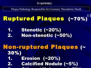 Ruptured Plaques (~70%)
1. Stenotic (~20%)
2. Non-stenotic (~50%)
Non-ruptured Plaques (~
30%)
1. Erosion (~20%)
2. Calcified Nodule (~5%)
Plaque Pathology Responsible for Coronary Thrombotic Death
In summary:
 