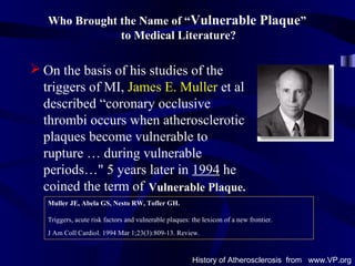  On the basis of his studies of the
triggers of MI, James E. Muller et al
described “coronary occlusive
thrombi occurs when atherosclerotic
plaques become vulnerable to
rupture … during vulnerable
periods…" 5 years later in 1994 he
coined the term of
History of Atherosclerosis from www.VP.org
Who Brought the Name of “Vulnerable Plaque”
to Medical Literature?
Muller JE, Abela GS, Nesto RW, Tofler GH.
Triggers, acute risk factors and vulnerable plaques: the lexicon of a new frontier.
J Am Coll Cardiol. 1994 Mar 1;23(3):809-13. Review.
Vulnerable Plaque.
 