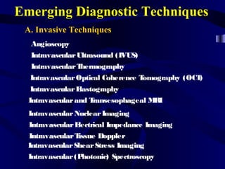 Emerging Diagnostic Techniques
A. Invasive Techniques
Angioscopy
IntravascularUltrasound (IVUS)
IntravascularThermography
IntravascularOptical Coherence Tomography (OCT)
IntravascularElastography
Intravascularand Transesophageal MRI
IntravascularNuclearImaging
IntravascularElectrical Impedance Imaging
IntravascularTissue Doppler
IntravascularShearStress Imaging
Intravascular(Photonic) Spectroscopy
 