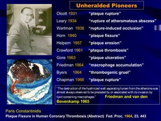 Olcott 1931 “plaque rupture”
Leary 1934 “rupture of atheromatous abscess”
Wartman 1938 “rupture-induced occlusion”
Horn 1940 “plaque fissure”
Helpern 1957 “plaque erosion”
Crawford 1961 “plaque thrombosis”
Gore 1963 “plaque ulceration”
Friedman 1964 “macrophage accumulation”
Byers 1964 “thrombogenic gruel”
Chapman 1966 “plaque rupture”
Plaque Fissure in Human Coronary Thrombosis (Abstract) Fed. Proc. 1964, 23, 443
Paris Constantinidis
“Thedestruction of thehyalinized wall separating lumen from theatheromawas
almost alwaysobserved to bepreceded by or associated with itsinvasion by
lipid containing macrophages.” Friedman and van den
Bovenkamp 1965
Unheralded Pioneers
 