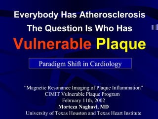 Everybody Has Atherosclerosis
The Question Is Who Has
Vulnerable Plaque
Paradigm Shift in Cardiology
“Magnetic Resonance Imaging of Plaque Inflammation”
CIMIT Vulnerable Plaque Program
February 11th, 2002
Morteza Naghavi, MD
University of Texas Houston and Texas Heart Institute
 