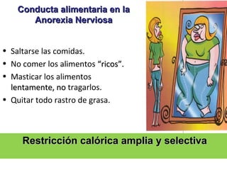 Conducta alimentaria en la
       Anorexia Nerviosa


• Saltarse las comidas.
• No comer los alimentos “ricos”.
• Masticar los alimentos
  lentamente, no tragarlos.
• Quitar todo rastro de grasa.



     Restricción calórica amplia y selectiva
 