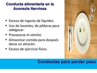 Conducta alimentaria en la
   Anorexia Nerviosa


• Exceso de ingesta de líquidos.
• Uso de laxantes, de píldoras para
  adelgazar.
• Provocarse el vómito.
• Almacenar comida para después
  darse un atracón.
• Exceso de ejercicio físico.


                    Conductas para perder peso
 