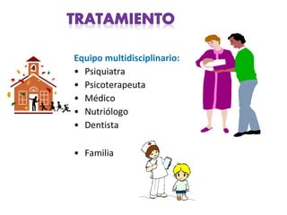 Equipo multidisciplinario:
• Psiquiatra
• Psicoterapeuta
• Médico
• Nutriólogo
• Dentista

• Familia
 