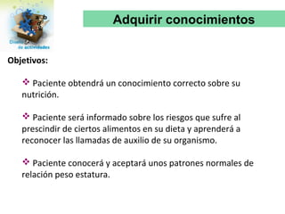 Adquirir conocimientos


Objetivos:

    Paciente obtendrá un conocimiento correcto sobre su
   nutrición.

    Paciente será informado sobre los riesgos que sufre al
   prescindir de ciertos alimentos en su dieta y aprenderá a
   reconocer las llamadas de auxilio de su organismo.

    Paciente conocerá y aceptará unos patrones normales de
   relación peso estatura.
 