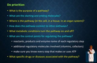Do prioritize:
• What is the purpose of a pathway?
• What are the starting and ending molecules?
• Where is the pathway (in the cell, in a tissue, in an organ system)?
• How does the pathway connect to other pathways?
• What metabolic conditions turn the pathway on and off?
• What are the control points for regulating the pathway?
• reactants, products and enzyme name of each regulatory step
• additional regulatory molecules involved (vitamins, cofactors)
• make sure you know every step that makes or uses ATP
• What specific drugs or diseases associated with the pathway?
 