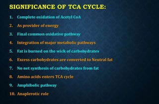 SIGNIFICANCE OF TCA CYCLE:
1. Complete oxidation of Acetyl CoA
2. As provider of energy
3. Final common oxidative pathway
4. Integration of major metabolic pathways
5. Fat is burned on the wick of carbohydrates
6. Excess carbohydrates are converted to Neutral fat
7. No net synthesis of carbohydrates from fat
8. Amino acids enters TCA cycle
9. Amphibolic pathway
10. Anaplerotic role
 