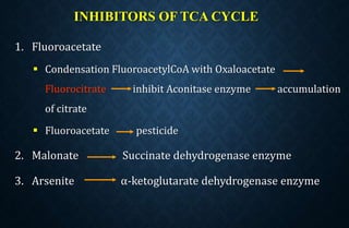 INHIBITORS OF TCA CYCLE
1. Fluoroacetate
 Condensation FluoroacetylCoA with Oxaloacetate
Fluorocitrate inhibit Aconitase enzyme accumulation
of citrate
 Fluoroacetate pesticide
2. Malonate Succinate dehydrogenase enzyme
3. Arsenite α-ketoglutarate dehydrogenase enzyme
 