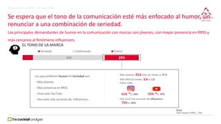 EL TONO DE LA MARCA
9% 62% 29%
Seriedad Combinando Humor
Base:
Sigue marcas en RRSS (700)
51% vs 34% 55% vs 34%
- Más RRSS...