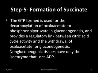 Step-5- Formation of Succinate
• The GTP formed is used for the
decarboxylation of oxaloacetate to
phosphoenolpyruvate in gluconeogenesis, and
provides a regulatory link between citric acid
cycle activity and the withdrawal of
oxaloacetate for gluconeogenesis.
Nongluconeogenic tissues have only the
isoenzyme that uses ADP.
01/21/14

Biochemistry for medics

21

 