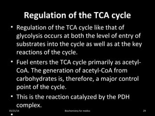 Regulation of the TCA cycle
• Regulation of the TCA cycle like that of
glycolysis occurs at both the level of entry of
substrates into the cycle as well as at the key
reactions of the cycle.
• Fuel enters the TCA cycle primarily as acetylCoA. The generation of acetyl-CoA from
carbohydrates is, therefore, a major control
point of the cycle.
• This is the reaction catalyzed by the PDH
complex.
01/21/14

Biochemistry for medics

29

 
