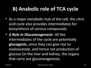 B) Anabolic role of TCA cycle
• As a major metabolic hub of the cell, the citric
acid cycle also provides intermediates for
biosynthesis of various compounds.
• i) Role in Gluconeogenesis- All the
intermediates of the cycle are potentially
glucogenic, since they can give rise to
oxaloacetate, and hence net production of
glucose (in the liver and kidney, the organs
that carry out gluconeogenesis.
01/21/14

Biochemistry for medics

38

 