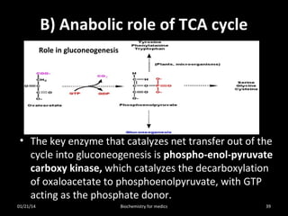 B) Anabolic role of TCA cycle
Role in gluconeogenesis

• The key enzyme that catalyzes net transfer out of the
cycle into gluconeogenesis is phospho-enol-pyruvate
carboxy kinase, which catalyzes the decarboxylation
of oxaloacetate to phosphoenolpyruvate, with GTP
acting as the phosphate donor.
01/21/14

Biochemistry for medics

39

 