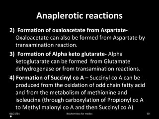 Anaplerotic reactions
2) Formation of oxaloacetate from AspartateOxaloacetate can also be formed from Aspartate by
transamination reaction.
3) Formation of Alpha keto glutarate- Alpha
ketoglutarate can be formed from Glutamate
dehydrogenase or from transamination reactions.
4) Formation of Succinyl co A – Succinyl co A can be
produced from the oxidation of odd chain fatty acid
and from the metabolism of methionine and
isoleucine (through carboxylation of Propionyl co A
to Methyl malonyl co A and then Succinyl co A)
01/21/14

•

Biochemistry for medics

50

 
