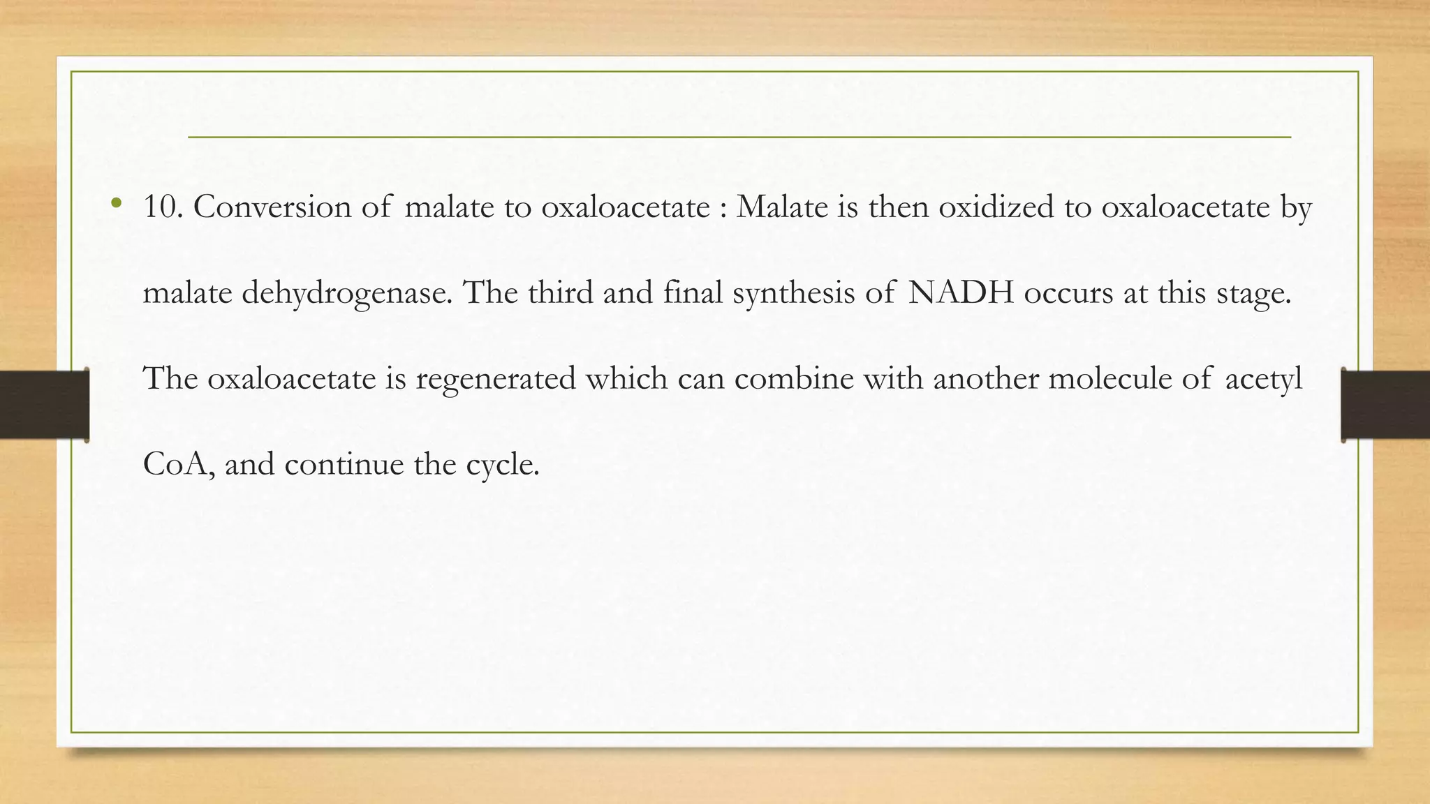 • 10. Conversion of malate to oxaloacetate : Malate is then oxidized to oxaloacetate by
malate dehydrogenase. The third and final synthesis of NADH occurs at this stage.
The oxaloacetate is regenerated which can combine with another molecule of acetyl
CoA, and continue the cycle.
 