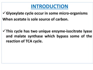 INTRODUCTION
Glyoxylate cycle occur in some micro-organisms
When acetate is sole source of carbon.
This cycle has two unique enzyme-isocitrate lyase
and malate synthase which bypass some of the
reaction of TCA cycle.
 
