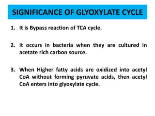 SIGNIFICANCE OF GLYOXYLATE CYCLE
1. It is Bypass reaction of TCA cycle.
2. It occurs in bacteria when they are cultured in
acetate rich carbon source.
3. When Higher fatty acids are oxidized into acetyl
CoA without forming pyruvate acids, then acetyl
CoA enters into glyoxylate cycle.
 