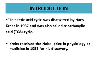 INTRODUCTION
The citric acid cycle was discovered by Hans
Krebs in 1937 and was also called tricarboxylic
acid (TCA) cycle.
Krebs received the Nobel prize in physiology or
medicine in 1953 for his discovery.
 