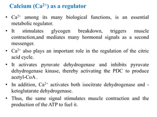 • Ca2+ among its many biological functions, is an essential
metabolic regulator.
• It stimulates glycogen breakdown, triggers muscle
contraction,and mediates many hormonal signals as a second
messenger.
• Ca2+ also plays an important role in the regulation of the citric
acid cycle.
• It activates pyruvate dehydrogenase and inhibits pyruvate
dehydrogenase kinase, thereby activating the PDC to produce
acetyl-CoA .
• In addition, Ca2+ activates both isocitrate dehydrogenase and -
ketoglutarate dehydrogenase.
• Thus, the same signal stimulates muscle contraction and the
production of the ATP to fuel it.
Calcium (Ca2+) as a regulator
 
