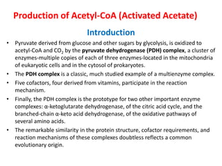 Production of Acetyl-CoA (Activated Acetate)
Introduction
• Pyruvate derived from glucose and other sugars by glycolysis, is oxidized to
acetyl-CoA and CO2 by the pyruvate dehydrogenase (PDH) complex, a cluster of
enzymes-multiple copies of each of three enzymes-located in the mitochondria
of eukaryotic cells and in the cytosol of prokaryotes.
• The PDH complex is a classic, much studied example of a multienzyme complex.
• Five cofactors, four derived from vitamins, participate in the reaction
mechanism.
• Finally, the PDH complex is the prototype for two other important enzyme
complexes: α-ketoglutarate dehydrogenase, of the citric acid cycle, and the
branched-chain α-keto acid dehydrogenase, of the oxidative pathways of
several amino acids.
• The remarkable similarity in the protein structure, cofactor requirements, and
reaction mechanisms of these complexes doubtless reflects a common
evolutionary origin.
 