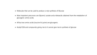  Molecules that can be used to produce a new synthesis of Glucose
 Most important precursors are Glycerol, Lactate and a-Ketoacids obtained from the metabolism of
glucogenic amino acids.
 All but two amino acids (Leucine & Lysine) are glucogenic.
 Acetyl COA and compounds giving rise to it cannot give rise to synthesis of glucose
 