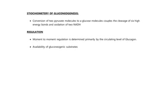 STIOCHIOMETERY OF GLUCONEOGENESIS:
 Conversion of two pyruvate molecules to a glucose molecules couples the cleavage of six high
energy bonds and oxidation of two NADH
REGULATION
 Moment to moment regulation is determined primarily by the circulating level of Glucagon.
 Availability of gluconeogenic substrates
 