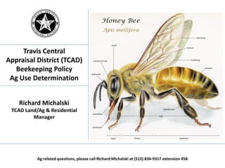 Travis Central
Appraisal District (TCAD)
Beekeeping Policy
Ag Use Determination
Richard Michalski
TCAD Land/Ag & Residential
Manager
Ag related questions, please call Richard Michalski at (512) 834-9317 extension 458
 