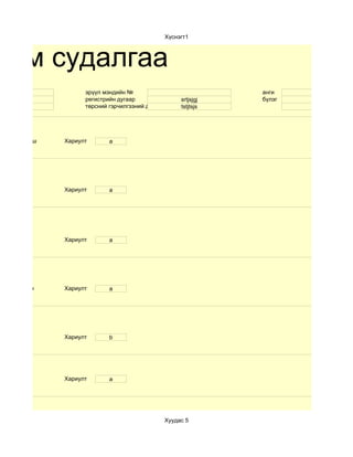 Хүснэгт1



хим судалгаа
                     эрүүл мэндийн №                               анги
   srtj              регистрийн дугаар                  srtjsjgj   бүлэг
    rtj              төрсний гэрчилгээний дугаар        tstjtsjs




d.8-аас дээш   Хариулт       a




               Хариулт       a




               Хариулт       a




d.түрээсийн    Хариулт       a




               Хариулт       b




               Хариулт       a




                                                   Хуудас 5
 
