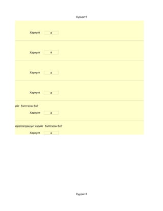 Хүснэгт1




                     Хариулт         a




                     Хариулт         a




                     Хариулт         a




                     Хариулт         a



хичээл” хэдийг бэлтгэсэн бэ?

                     Хариулт         a




сургалтын хэрэглэгдэхүүн” хэдийг бэлтгэсэн бэ?

                     Хариулт         a




                                                 Хуудас 8
 