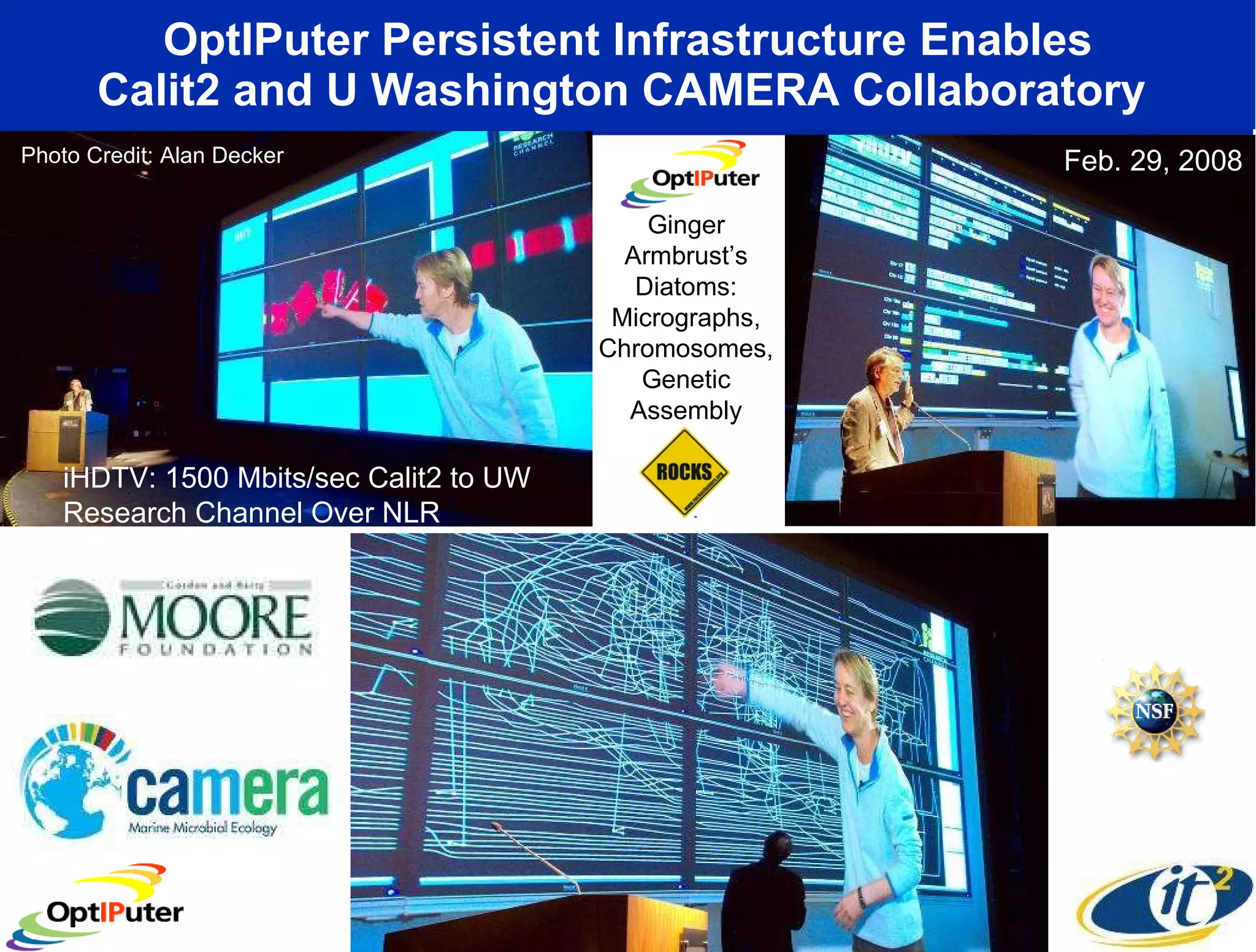 OptIPuter Persistent Infrastructure Enables Calit2 and U Washington CAMERA Collaboratory  Ginger Armbrust’s Diatoms: Micrographs, Chromosomes, Genetic Assembly Photo Credit: Alan Decker Feb. 29, 2008 iHDTV: 1500 Mbits/sec Calit2 to UW Research Channel Over NLR 