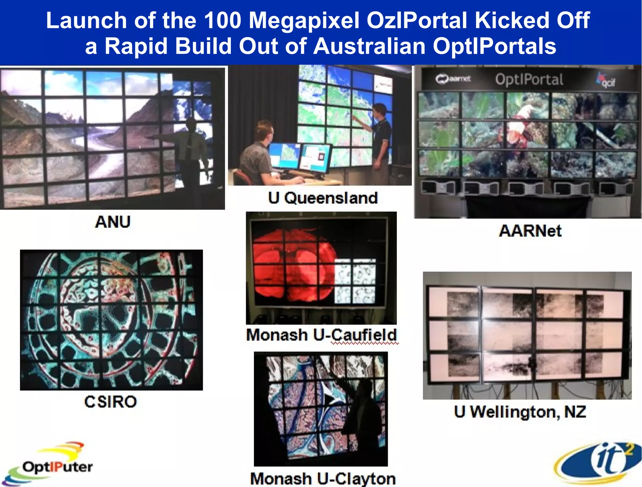 Launch of the 100 Megapixel OzIPortal Kicked Off  a Rapid Build Out of Australian OptIPortals Covise, Phil Weber, Jurgen Schulze, Calit2 CGLX, Kai-Uwe Doerr , Calit2 http://www.calit2.net/newsroom/release.php?id=1421 January 15, 2008 No Calit2 Person Physically Flew to Australia to Bring This Up! January 15, 2008 Smarr OptIPortal Road Show  
