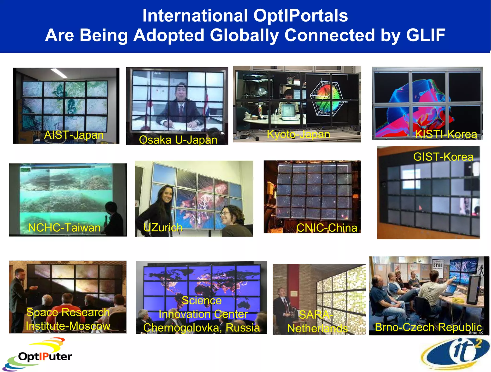 International OptIPortals Are Being Adopted Globally Connected by GLIF UZurich KISTI-Korea AIST-Japan CNIC-China NCHC-Taiwan Osaka U-Japan SARA-  Netherlands Brno-Czech Republic Space Research Institute-Moscow Science  Innovation Center Chernogolovka, Russia Kyoto-Japan GIST-Korea 