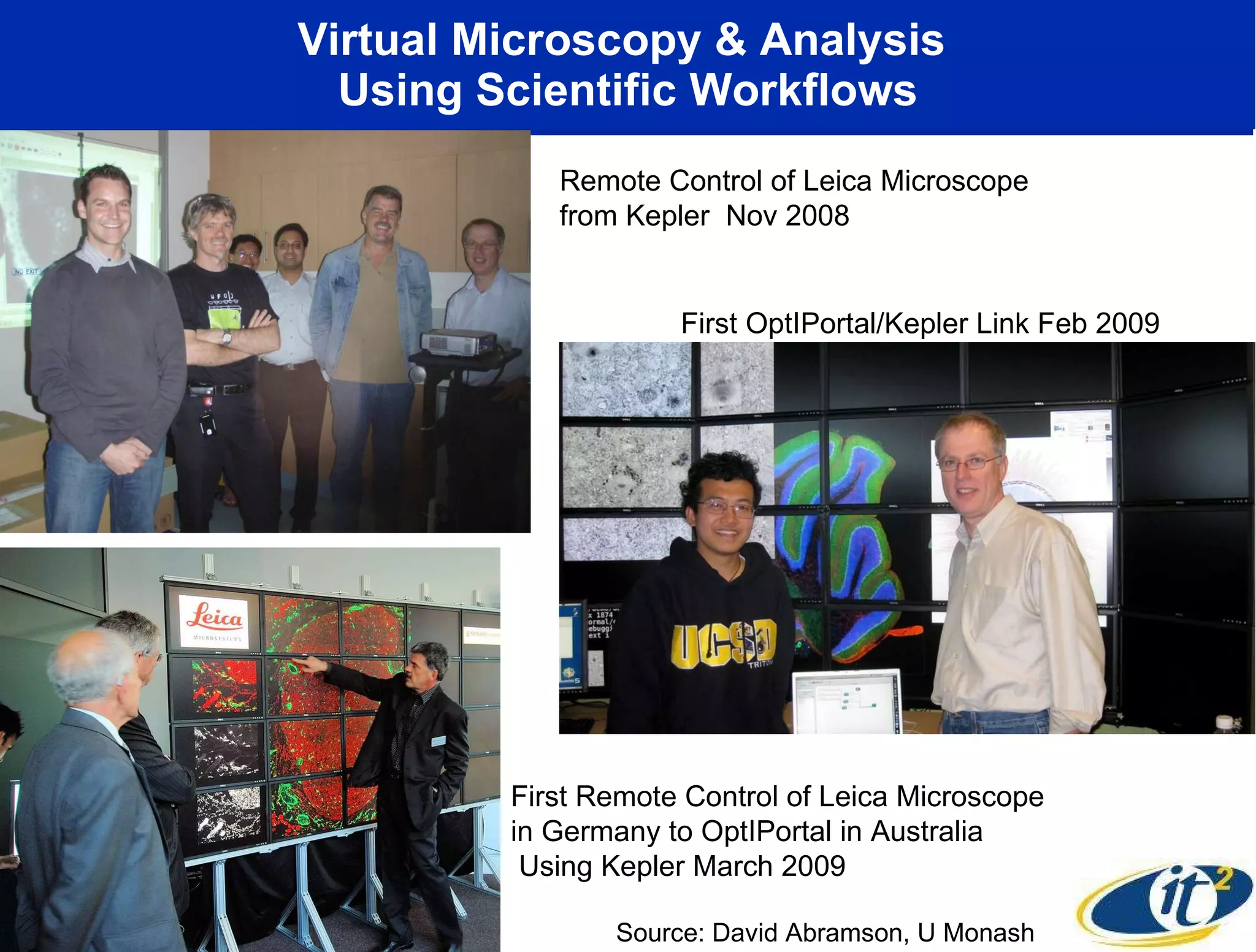 Virtual Microscopy & Analysis  Using Scientific Workflows Remote Control of Leica Microscope  from Kepler  Nov 2008 First OptIPortal/Kepler Link Feb 2009 First Remote Control of Leica Microscope  in Germany to OptIPortal in Australia  Using Kepler March 2009 Source: David Abramson, U Monash 