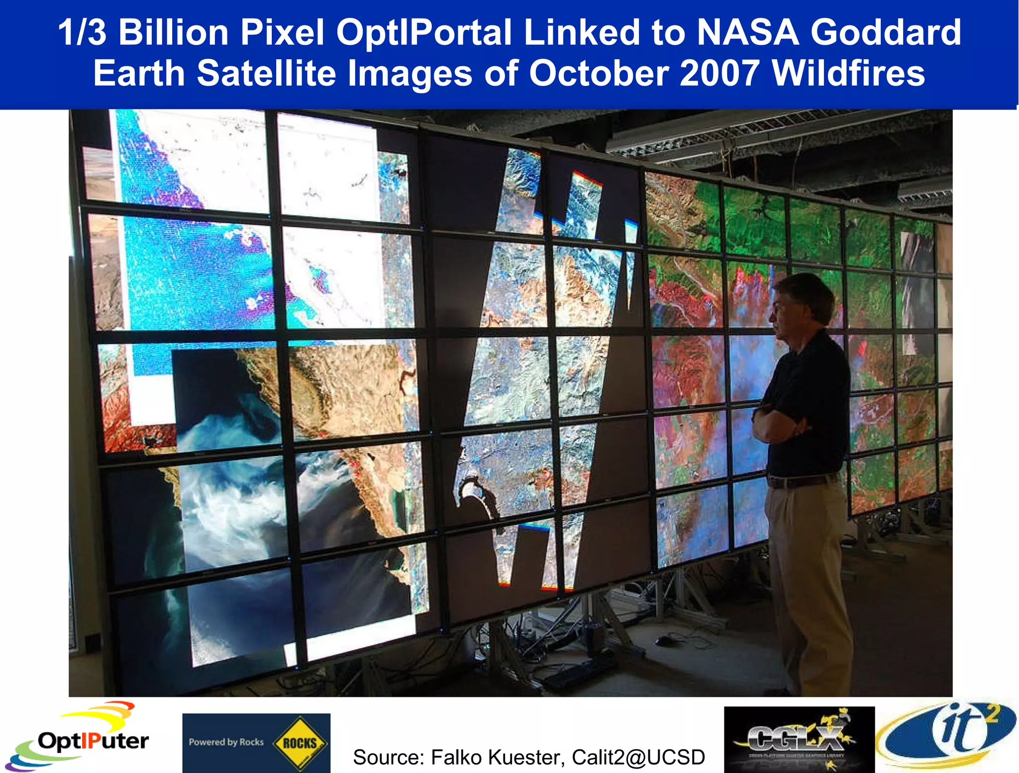 1/3 Billion Pixel OptIPortal Linked to NASA Goddard Earth Satellite Images of October 2007 Wildfires Source: Falko Kuester, Calit2@UCSD 