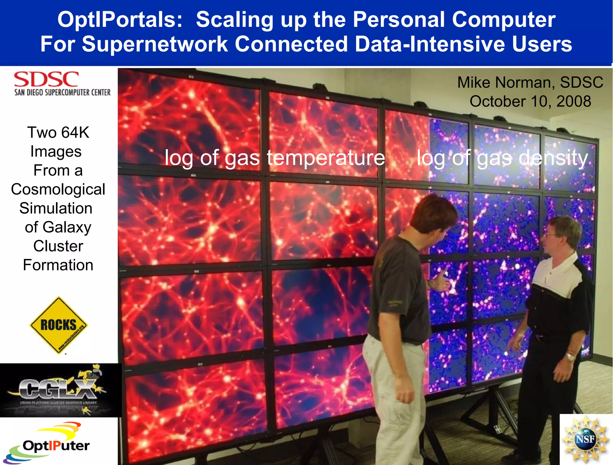 OptIPortals:  Scaling up the Personal Computer For Supernetwork Connected Data-Intensive Users Two 64K Images  From a Cosmological Simulation  of Galaxy Cluster Formation Mike Norman, SDSC October 10, 2008 log of gas temperature  log of gas density 