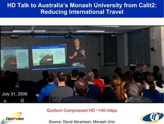 HD Talk to Australia’s Monash University from Calit2: Reducing International Travel July 31, 2008 Source: David Abramson, Monash Univ Qvidium Compressed HD ~140 mbps 